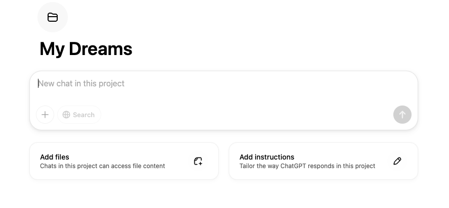 Chat UI when starting chat inside a project "My Dreams"